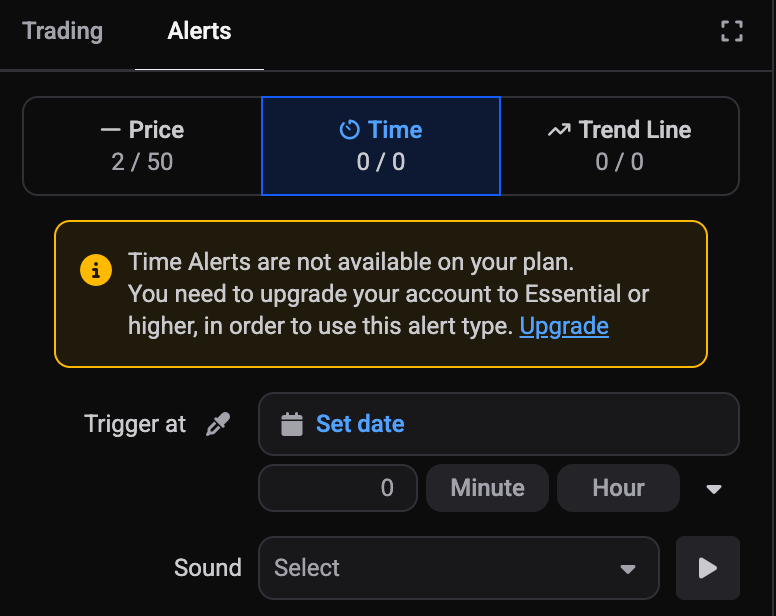The Time tab of the Alerts panel on a plan without time alerts, showing the counts 0 / 0 and the warning Time Alerts are not available on your plan with an Upgrade link