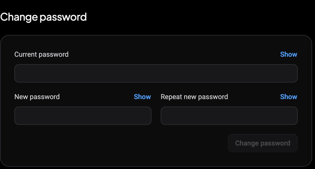 Change password card with Current password, New password and Repeat new password fields and a greyed-out Change password button