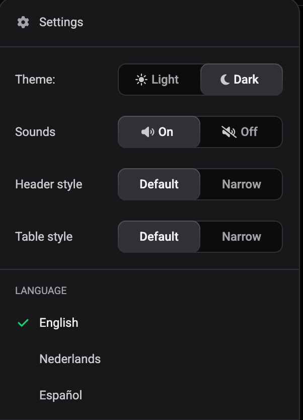 Altrady top-bar Settings menu showing theme, sounds and the LANGUAGE section with English checked, Nederlands and Espanol