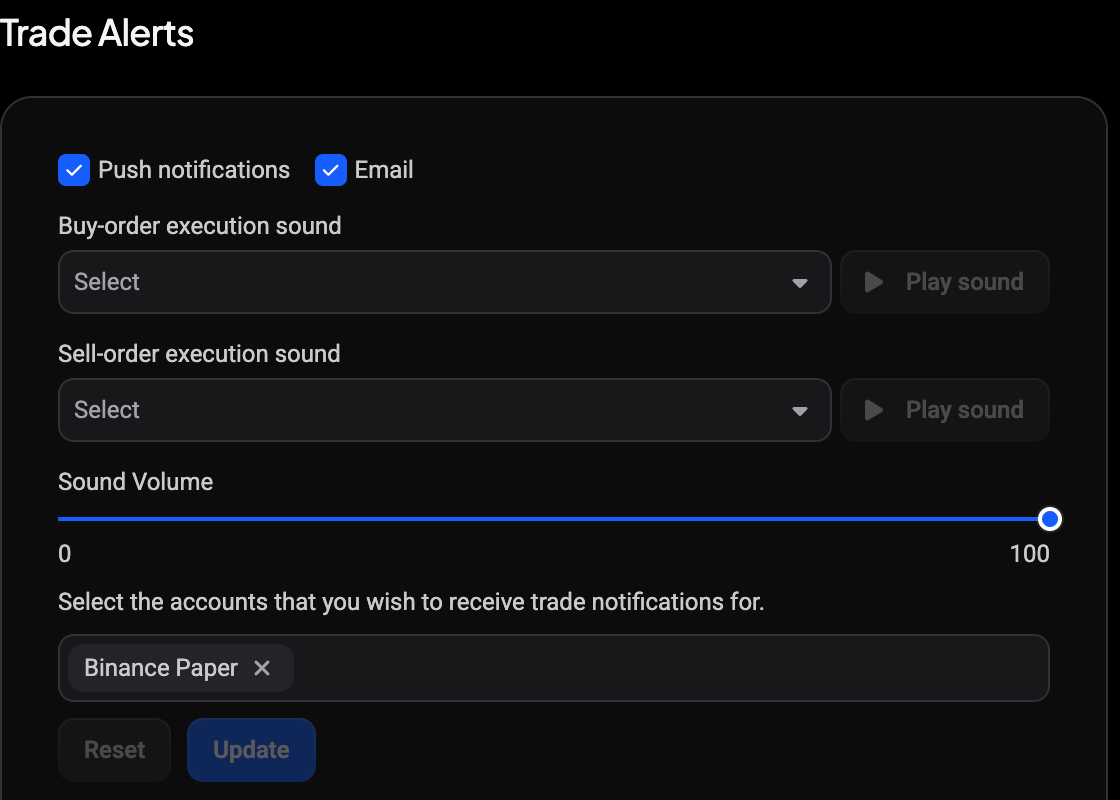 Trade Alerts card with Push notifications and Email checkboxes, buy and sell execution sound dropdowns, Sound Volume slider and account selector