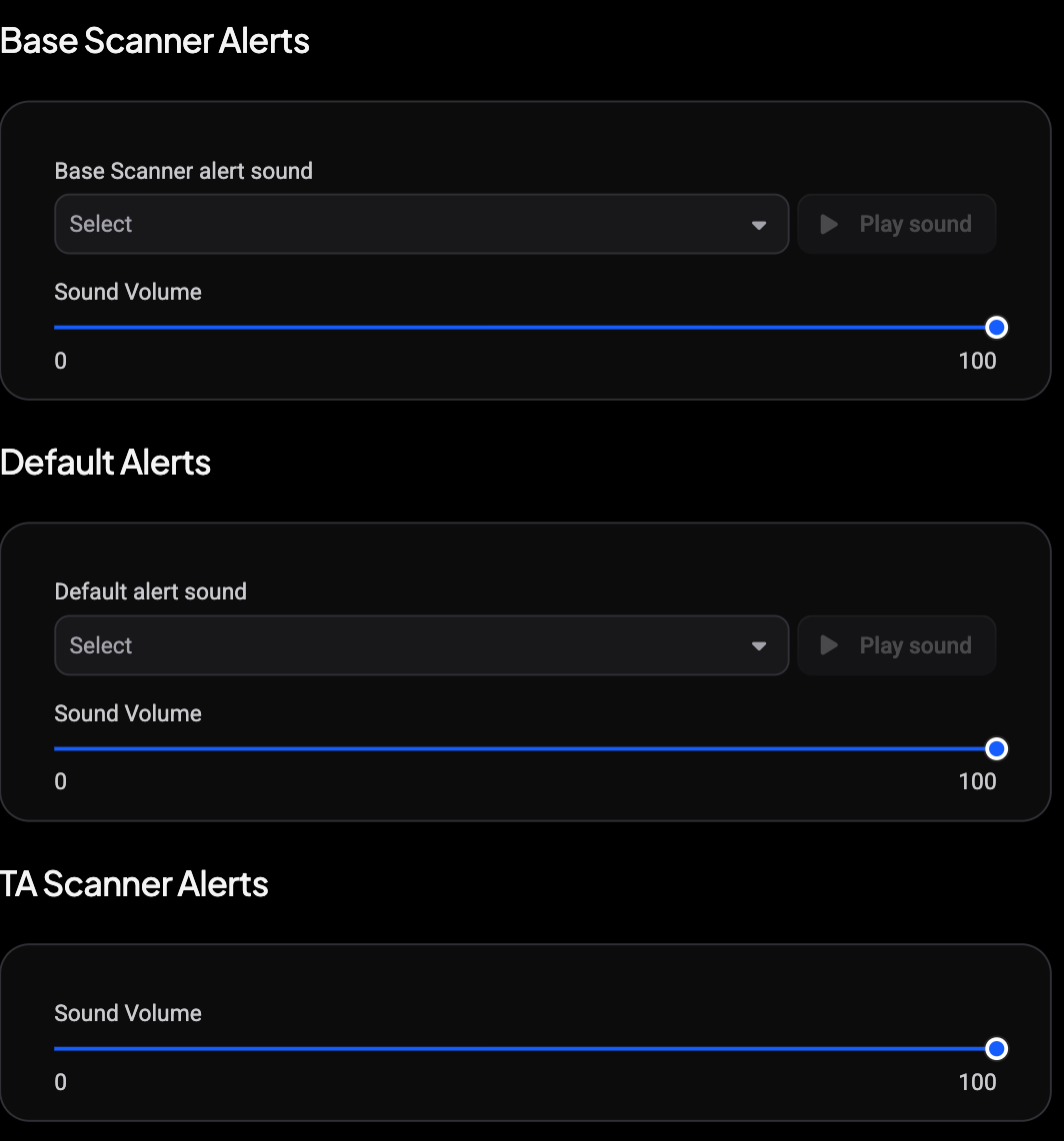 Base Scanner Alerts, Default Alerts and TA Scanner Alerts sections, each with a sound dropdown and its own Sound Volume slider