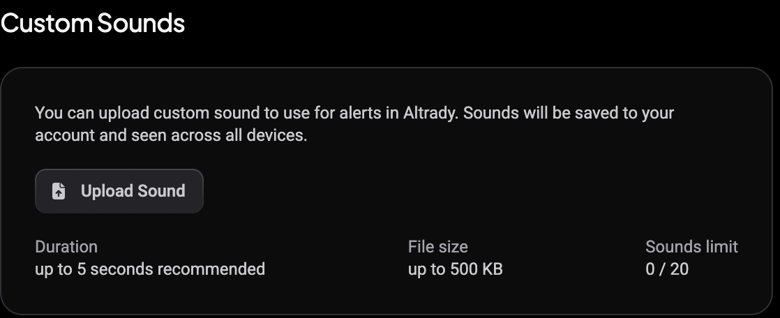 Custom Sounds card with the Upload Sound button and the duration, file size and sounds limit shown below it