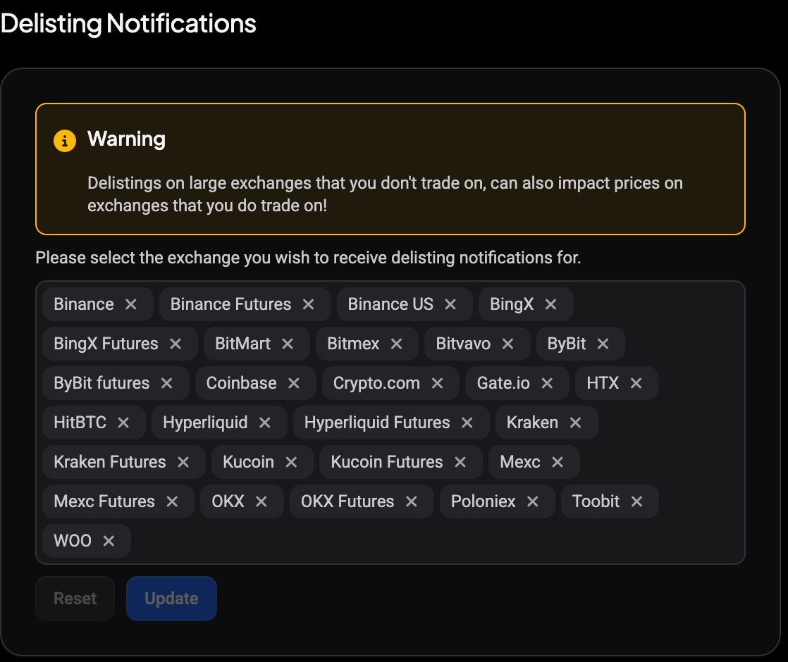 Delisting Notifications card with the warning box, the exchange multi-select and the Reset and Update buttons