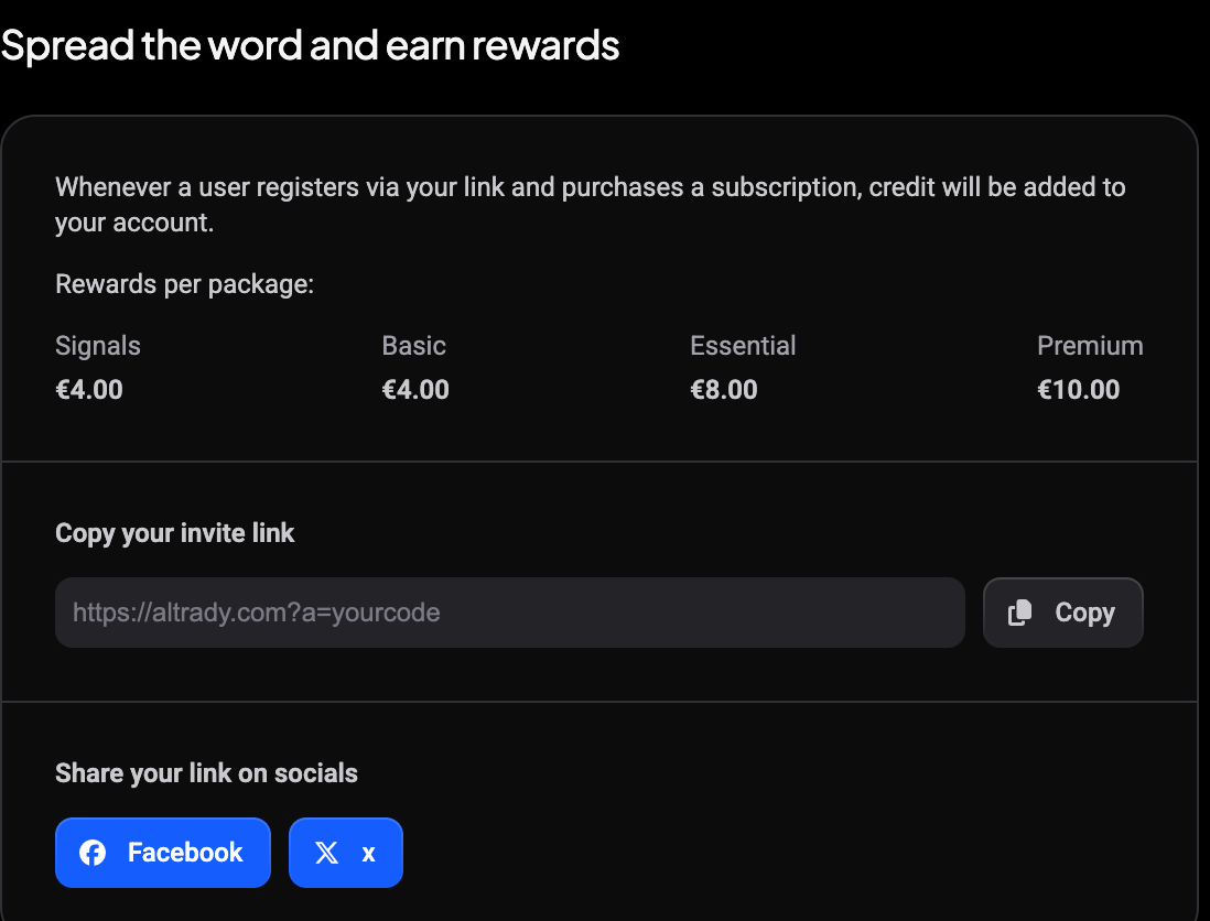Spread the word and earn rewards card met rewards per package, het invite link veld met een Copy knop en de social share knoppen