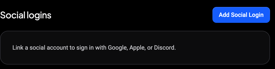 Social logins section with the Add Social Login button and the empty-state note about Google, Apple and Discord