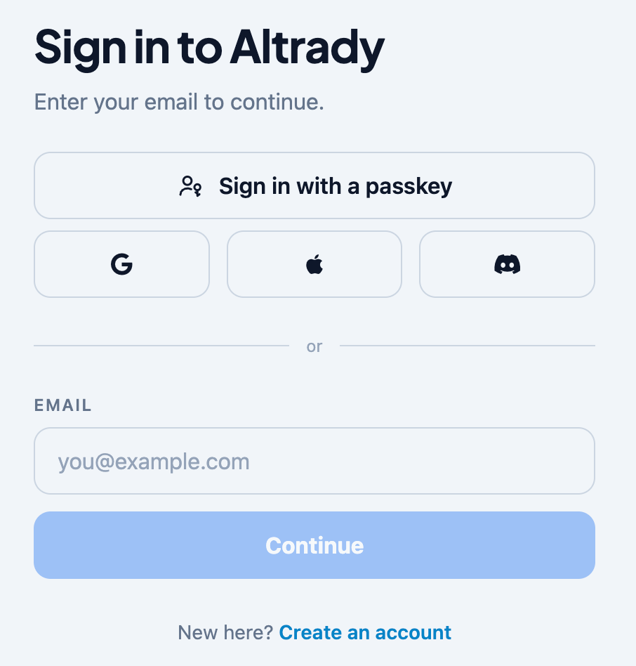 Sign in to Altrady screen with the Sign in with a passkey button, Google, Apple and Discord buttons, an or divider, and the email field with Continue