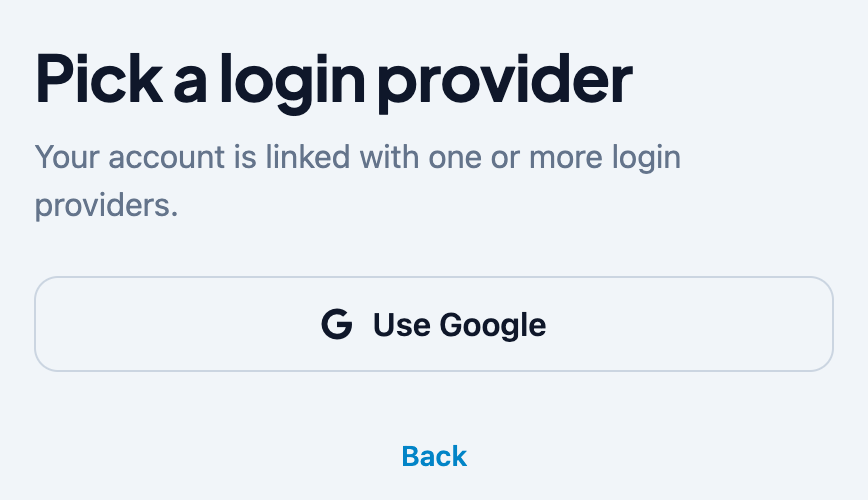 Pick a login provider screen with the note that your account is linked with one or more login providers, a Use Google button, and a Back link