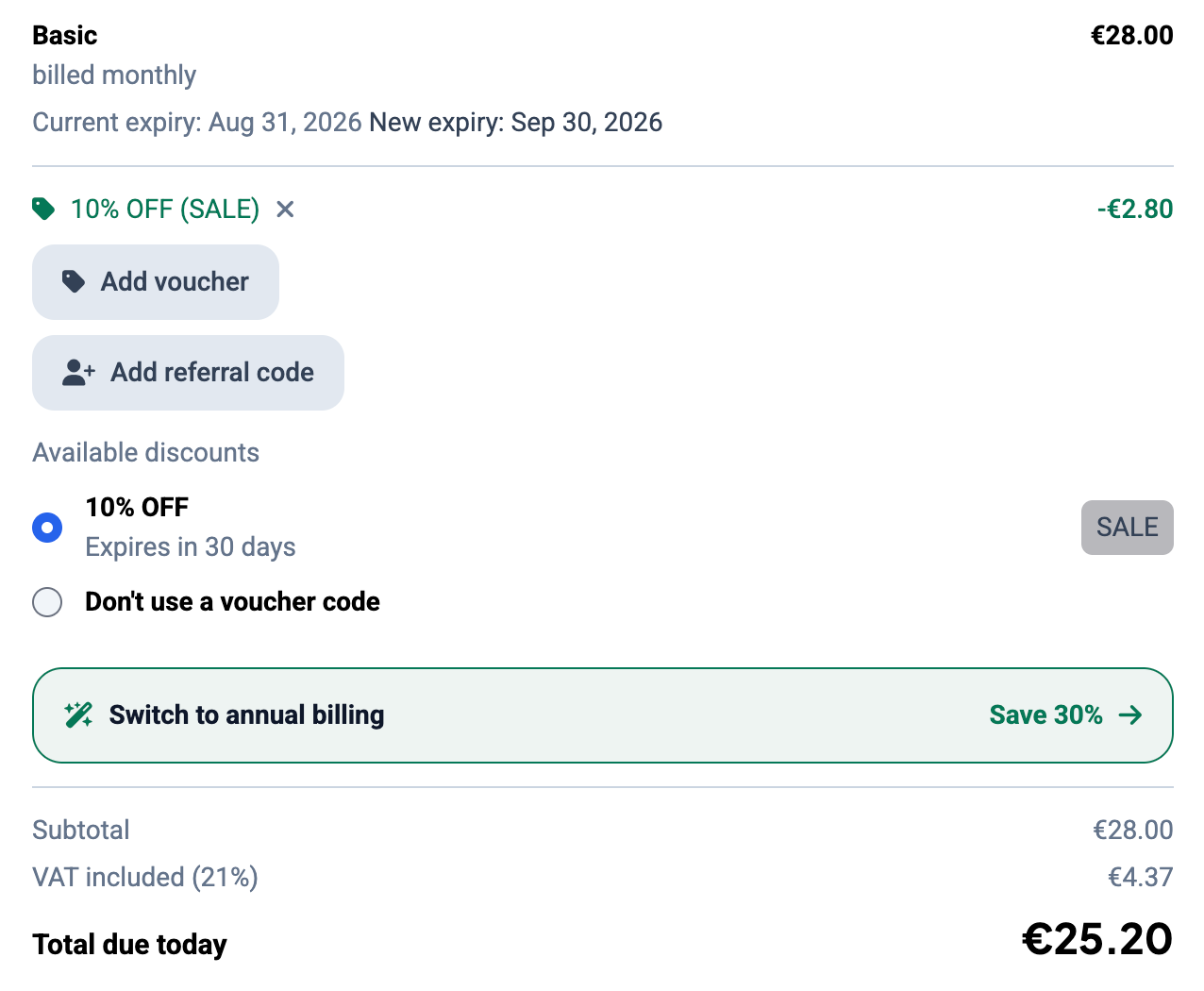 Order summary bij het afrekenen met een kortingsregel 10% OFF (SALE) van min 2,80 euro, de lijst Available discounts met de voucher geselecteerd, en Total due today verlaagd naar 25,20 euro