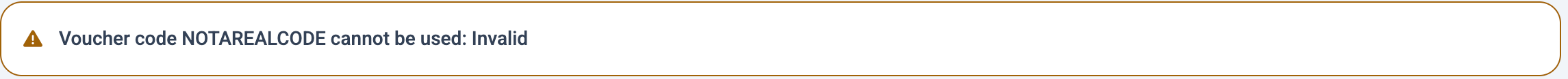 Waarschuwingsbanner bovenaan de afrekenpagina met de tekst Voucher code NOTAREALCODE cannot be used: Invalid