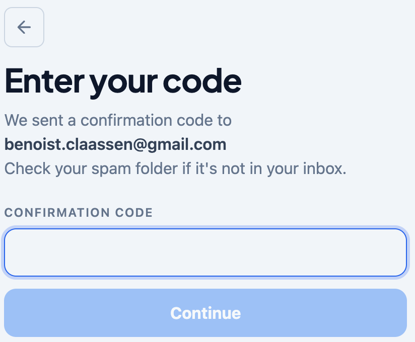 Enter your code screen confirming a password reset code was sent to the account’s email address, with a confirmation code field and a Continue button