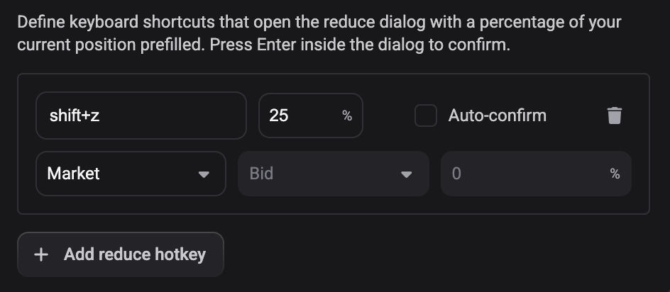 A reduce hotkey row in the Hotkeys window: key combination field, percentage field, Auto-confirm checkbox and delete icon, with the order type, price reference and offset fields on the row below and the Add reduce hotkey button underneath