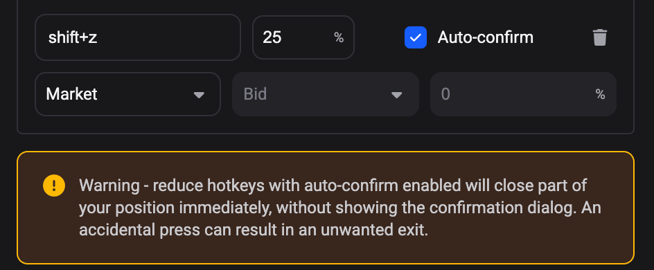 A reduce hotkey row with Auto-confirm ticked, showing the warning that auto-confirm closes part of your position immediately without the confirmation dialog