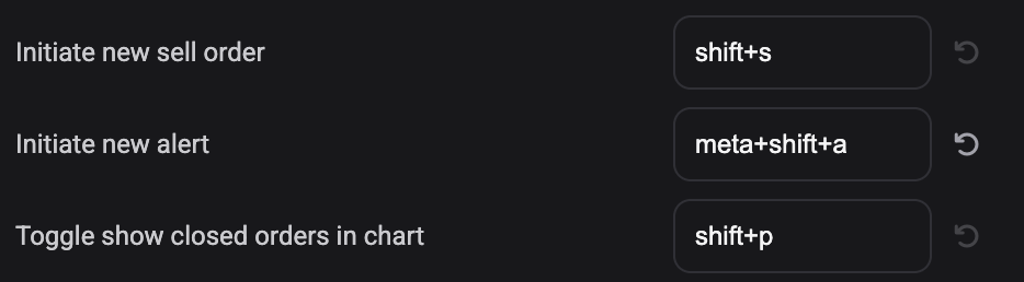 Three Trading hotkey rows where the middle one has been given a custom combination, its reset arrow now active while the unchanged rows above and below stay greyed out