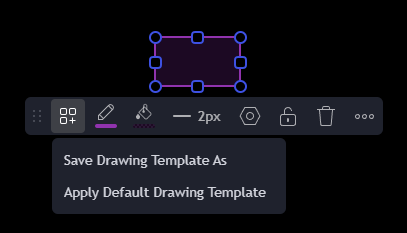 A trend line selected on the chart with its floating toolbar visible, and the templates-icon dropdown on that toolbar open, showing the menu items “Save Drawing Template As” and “Apply Default Drawing Template” (plus any saved template names listed below the separator).