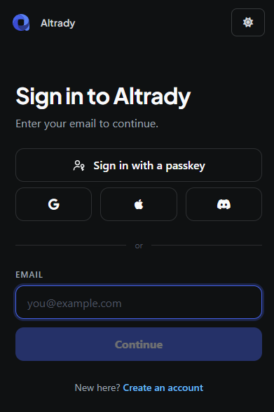 Altrady mobile app sign-in screen showing email and password fields and the sign-in button