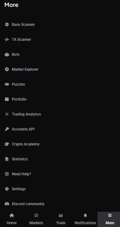 The mobile More screen, scrolled to show the full menu list (Base Scanner, TA Scanner, Bots, Market Explorer, Puzzles, Portfolio, Accounts & API, Statistics, Help, Settings) together with the Fiat currency, Language, Theme and Log out rows underneath.