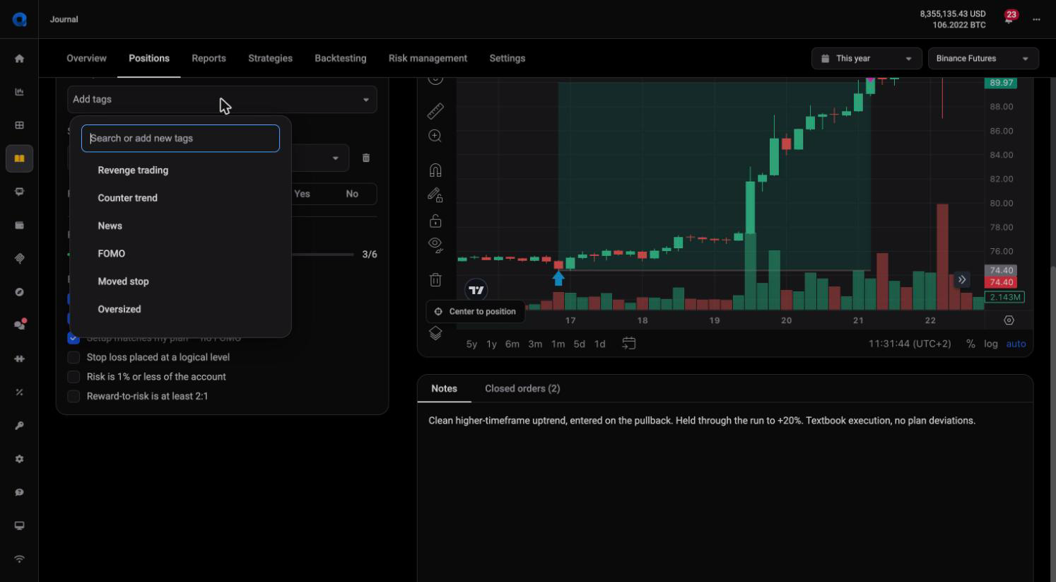 Het geopende Add tags-menu op een Position Review, met de vooraf ingestelde tags Revenge trading, Counter trend, News, FOMO, Moved stop en Oversized
