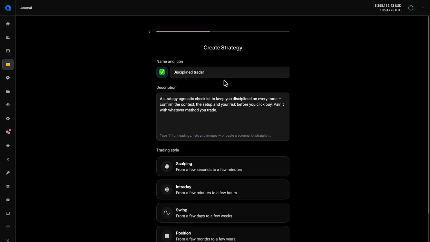 The Create Strategy step with the name, icon and description fields and the Scalping, Intraday, Swing and Position trading-style options