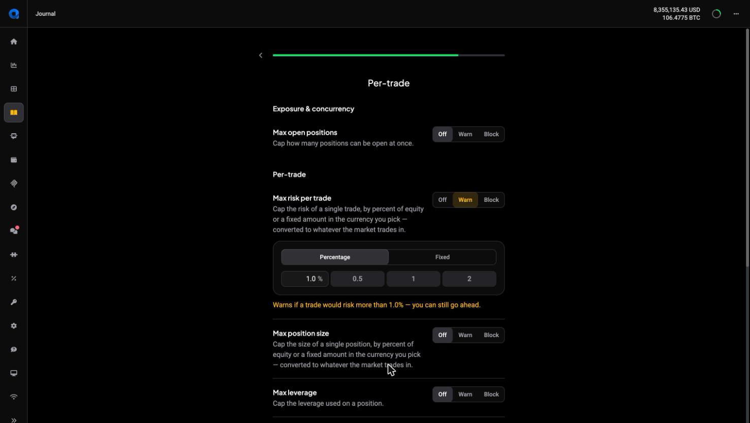 The strategy wizard risk step with Max risk per trade set to Warn, showing the Off, Warn and Block toggles for each rule under Exposure & concurrency and Per-trade