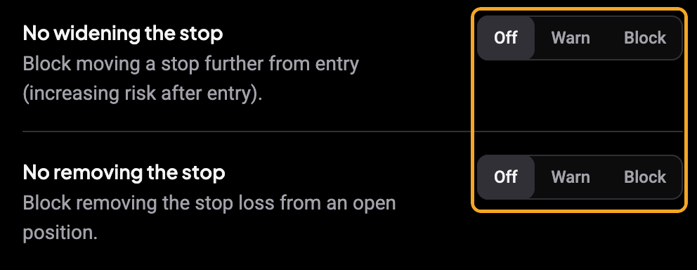 On-update rules (No widening the stop, No removing the stop) with the Off / Warn / Block column boxed