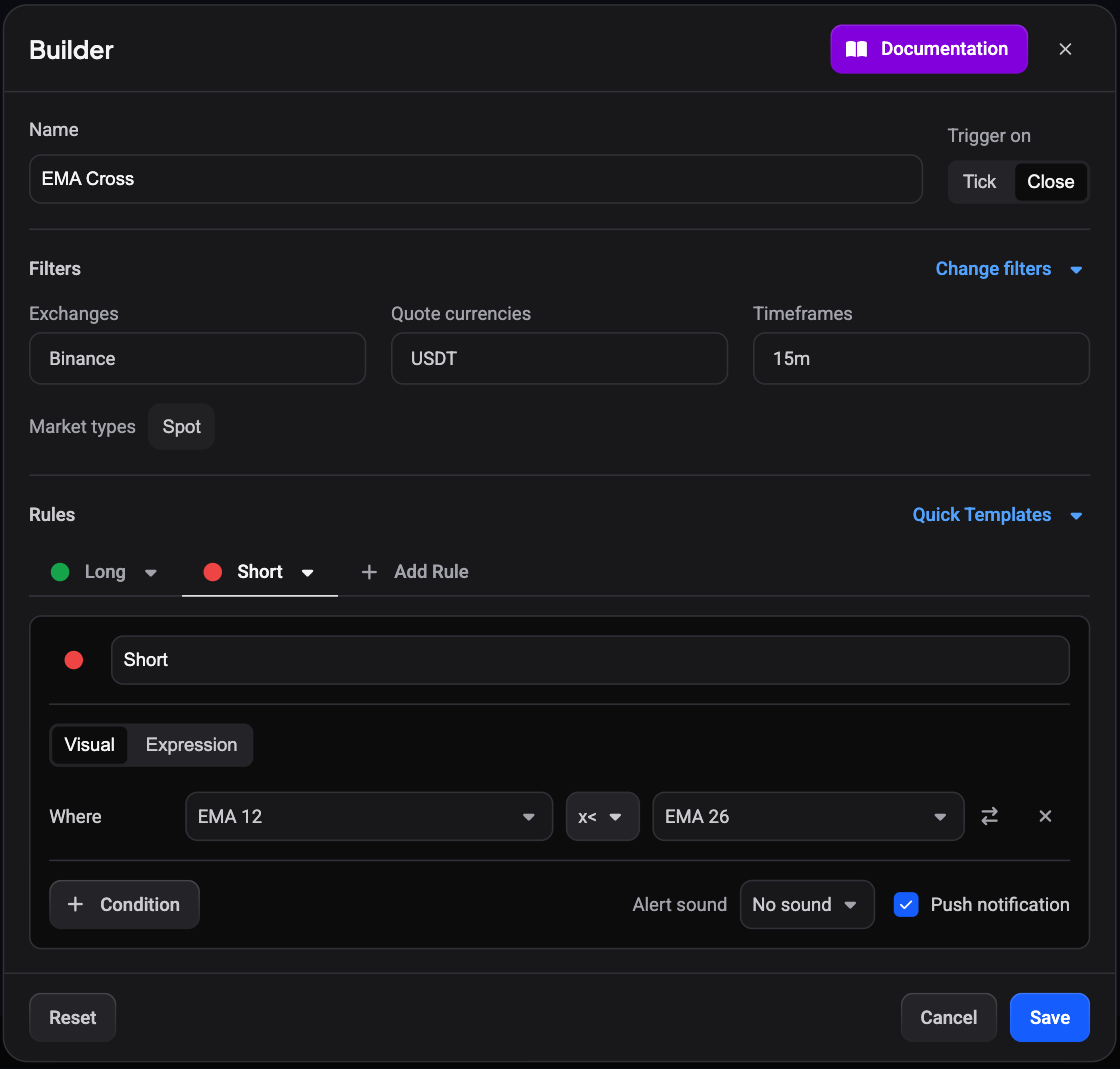 The Builder for the EMA Cross template: Name field with the Trigger on control set to Close beside it, Filters row, and a Short rule whose condition reads EMA 12 x< EMA 26