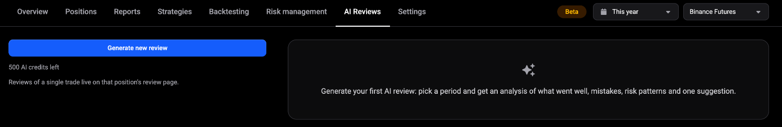 The Journal AI Reviews tab before any review exists: the Generate new review button and remaining AI credits on the left, and the empty panel inviting you to generate your first AI review on the right