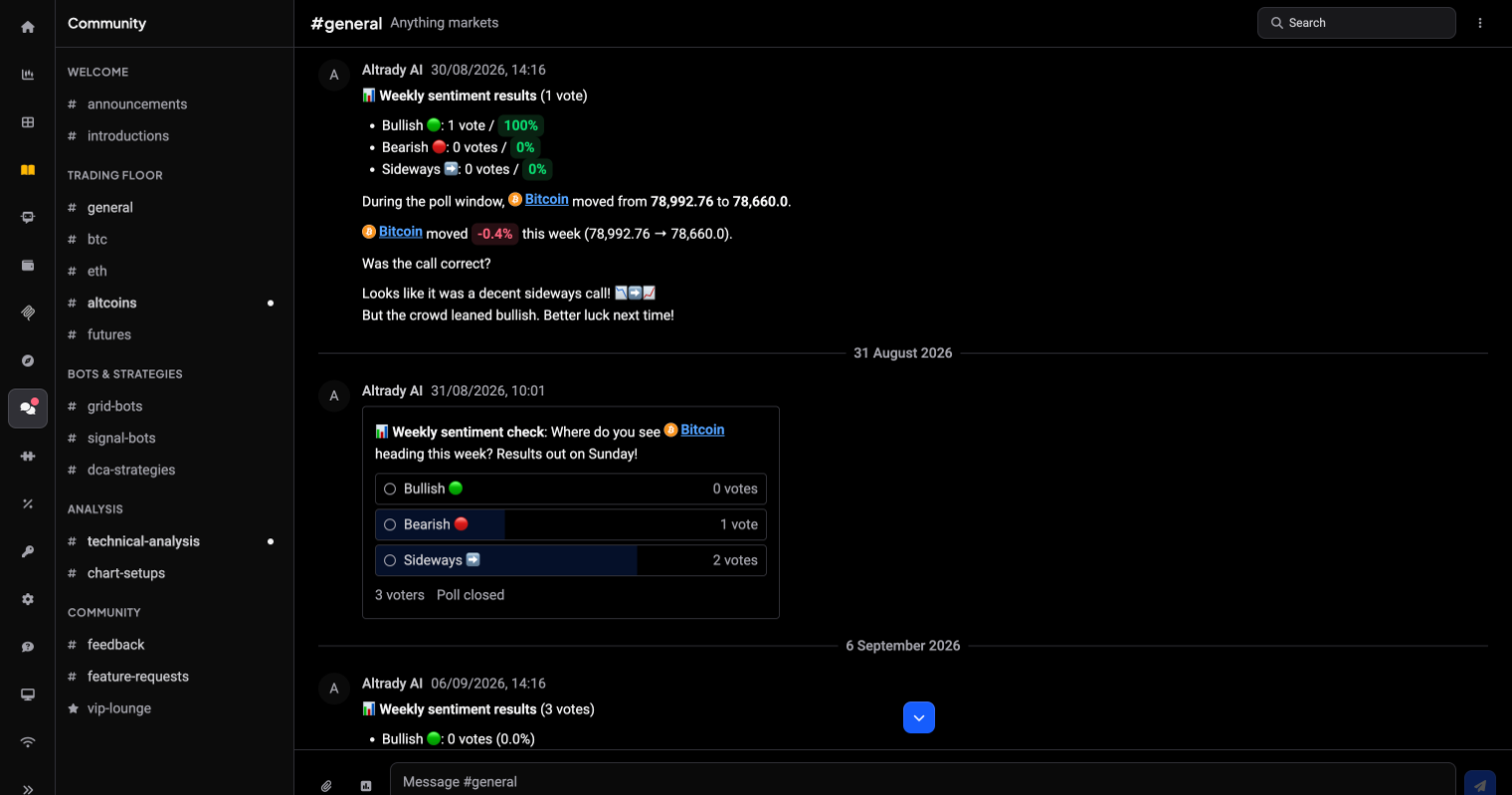The Community screen: channel groups in the left sidebar, the #general conversation in the middle, and the message box at the bottom