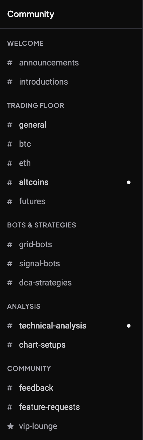 Community Chat sidebar with channel groups: public channels marked with #, unread channels in bold with a dot, and the star-marked vip-lounge channel
