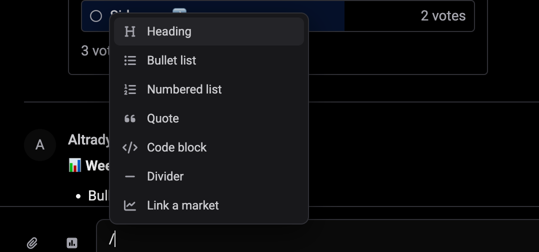 The slash menu above the message box offering Heading, Bullet list, Numbered list, Quote, Code block, Divider and Link a market