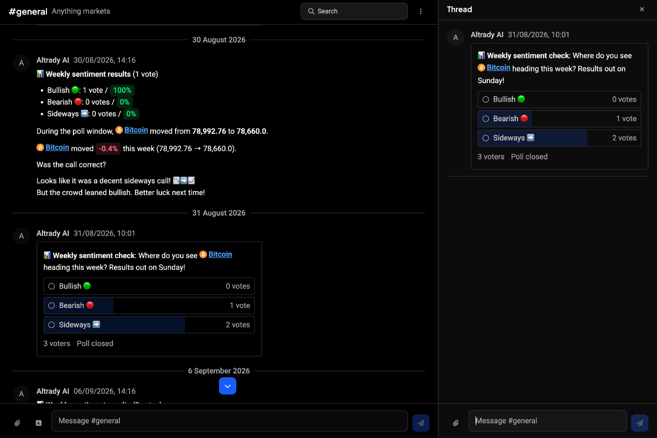The Thread panel open on the right of the #general channel, showing the original message at the top and its own message box at the bottom