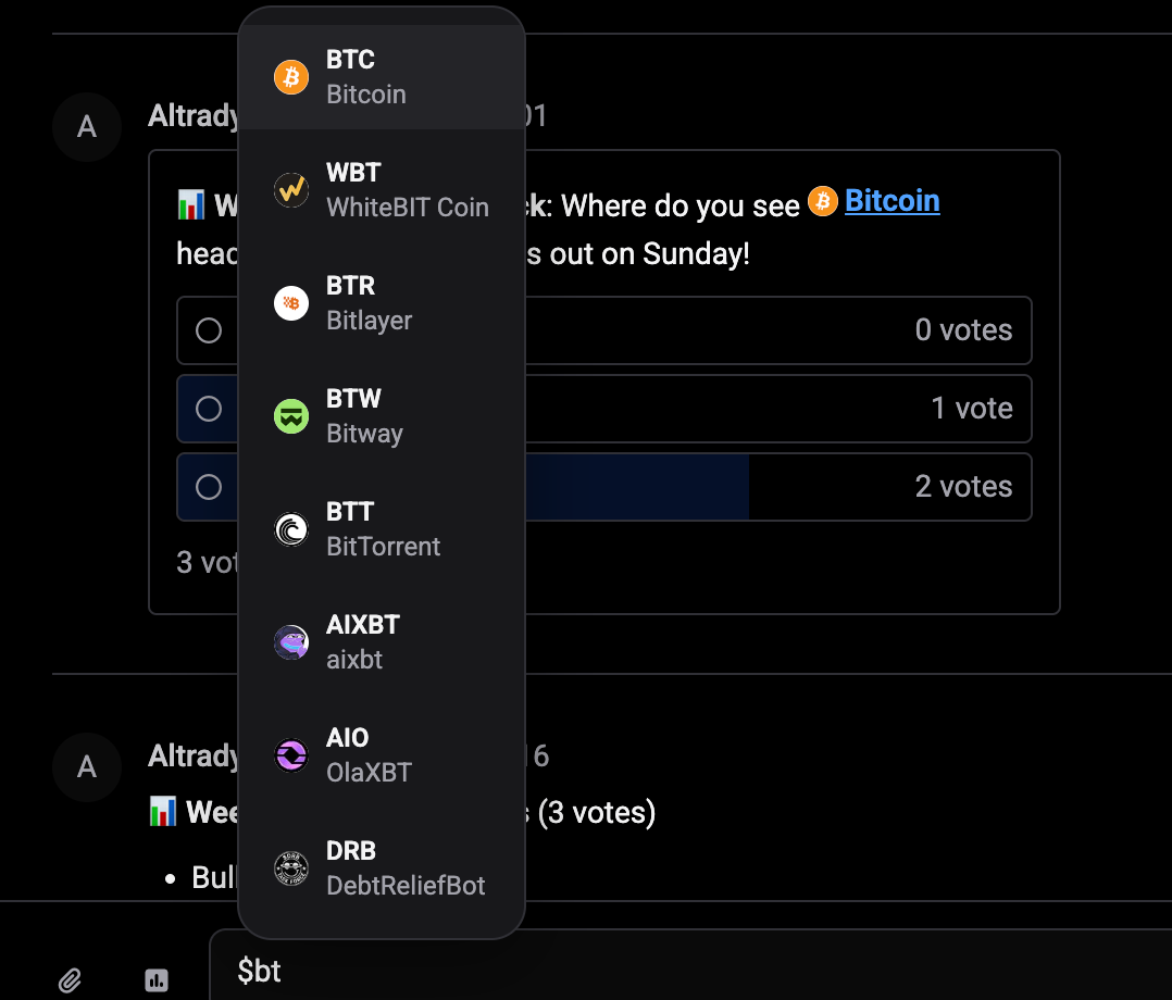 Typing $bt in the message box opens a list of matching coins such as BTC Bitcoin to insert as a coin chip
