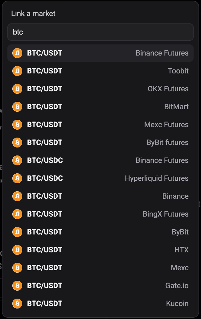 The Link a market picker with btc typed in Search a coin and a list of BTC markets, each row showing the pair and its exchange