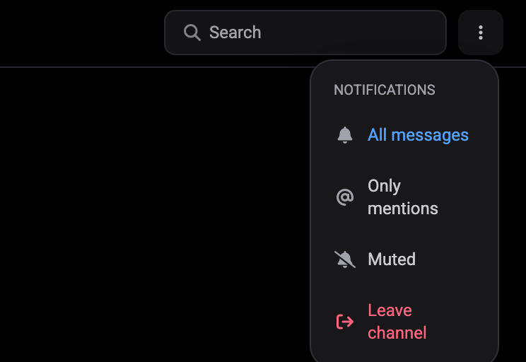The channel’s Notifications menu with All messages, Only mentions and Muted options