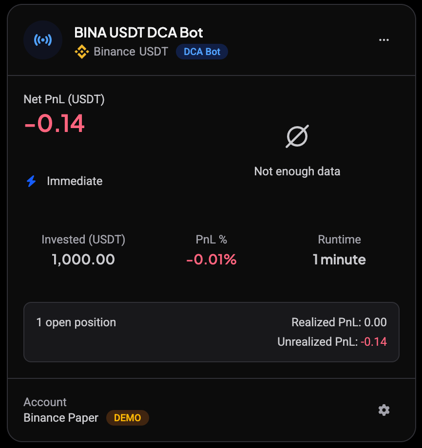 Bot card on the Trading Bots page with the DCA Bot badge, the Immediate start label, invested amount, PnL and runtime