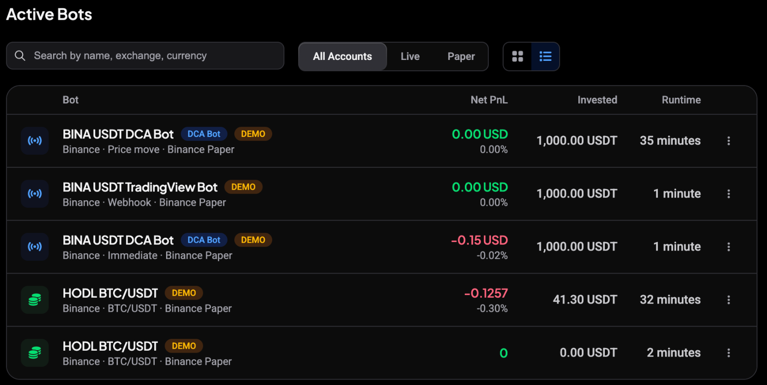 Trading Bots page in list view, with each row showing the bot name, kind badge, exchange, start type and account