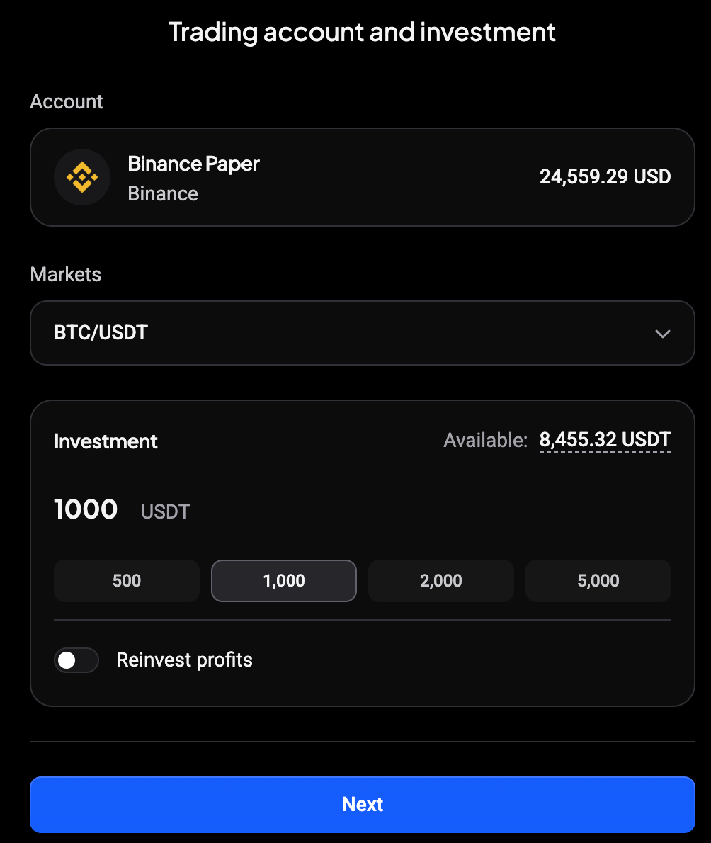 Trading account and investment step with Binance Paper selected, BTC/USDT as market and 1,000 USDT investment