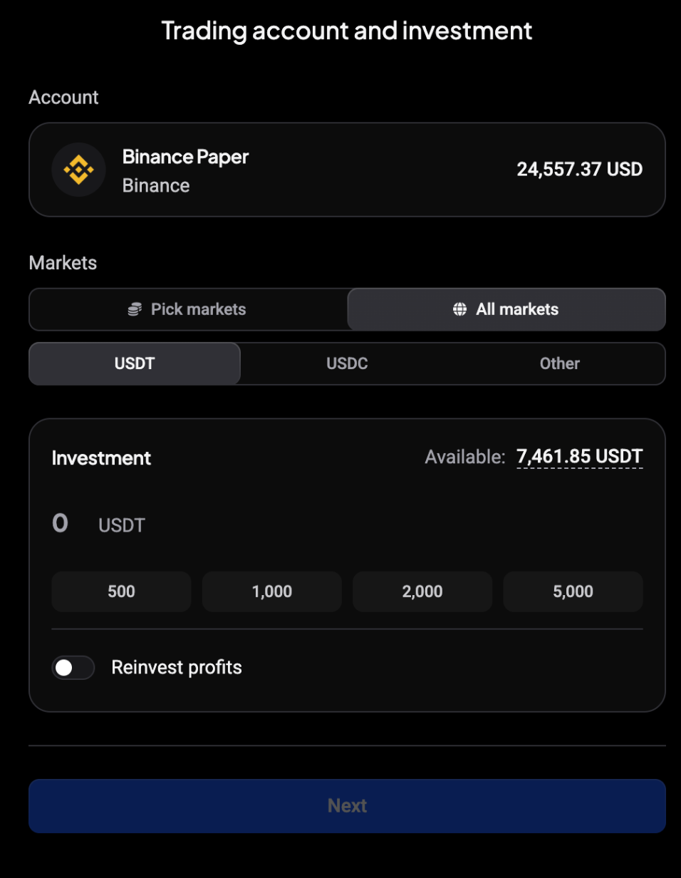 Markets set to All markets with the USDT quote currency selected, for an Indicator bot