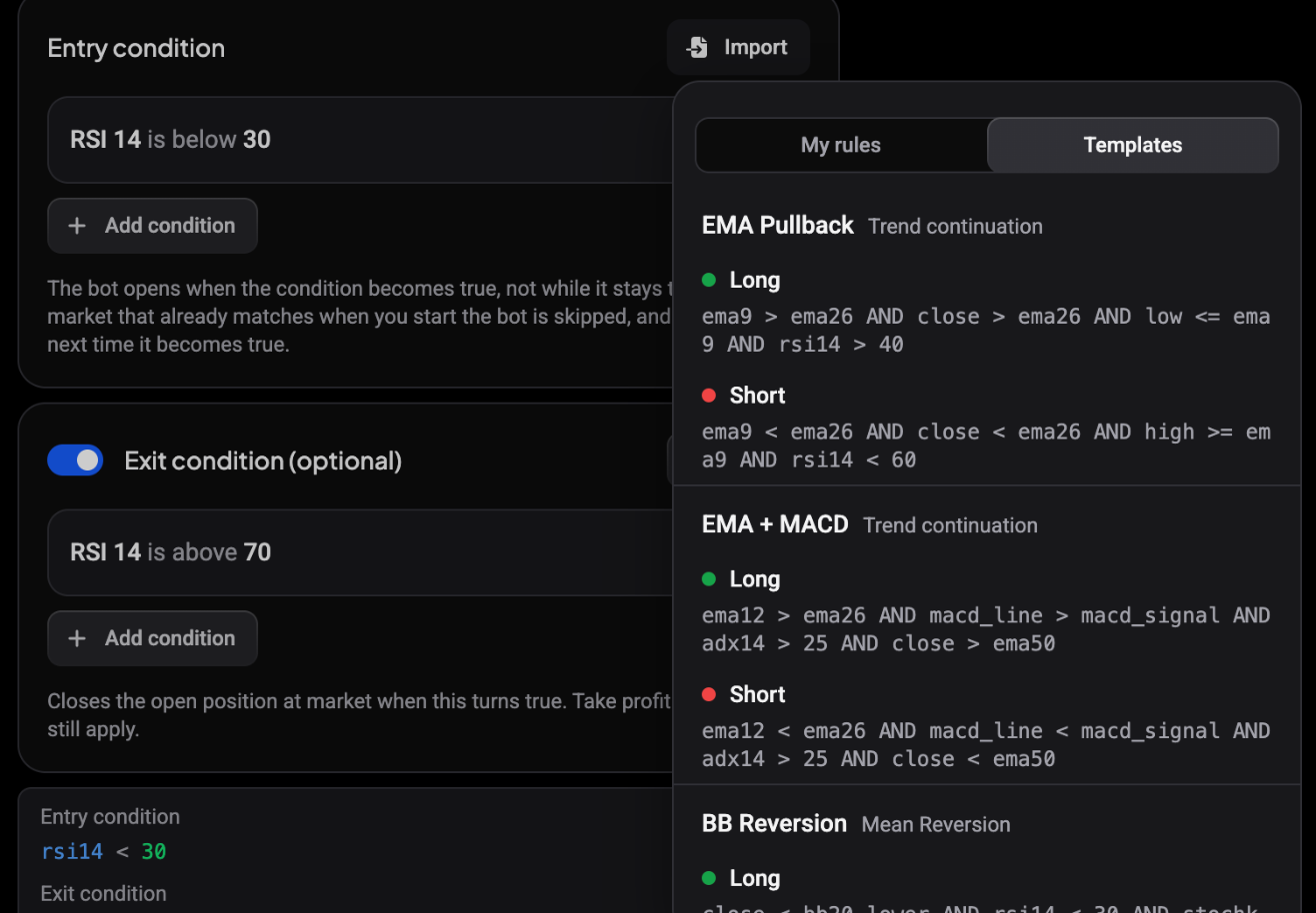 Import menu open on the entry condition, showing the Templates tab with EMA Pullback and EMA + MACD rules for long and short
