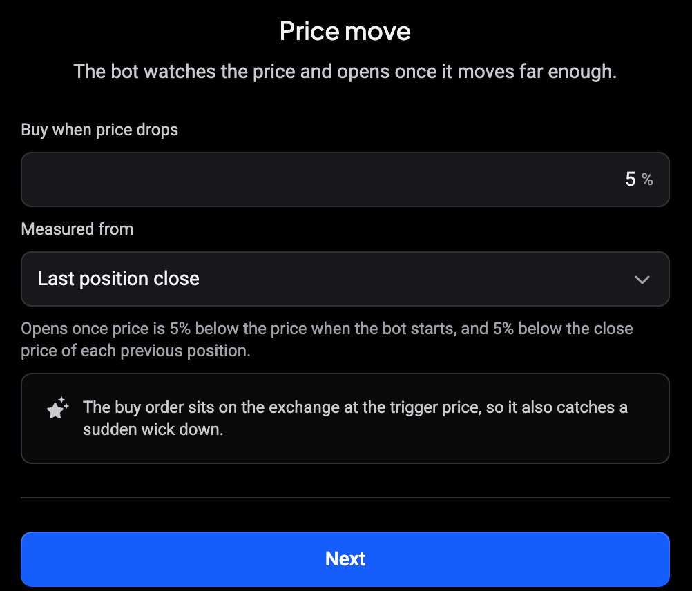 Price move step with Buy when price drops 5% measured from Last position close, and the note that the buy order sits on the exchange