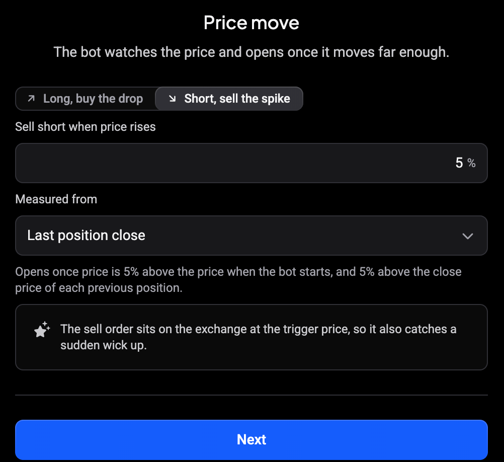 Price move step on a futures account with Short, sell the spike selected and the field reading Sell short when price rises