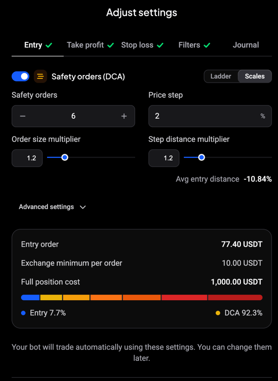 Adjust settings Entry tab with safety orders, price step, multipliers and full position cost