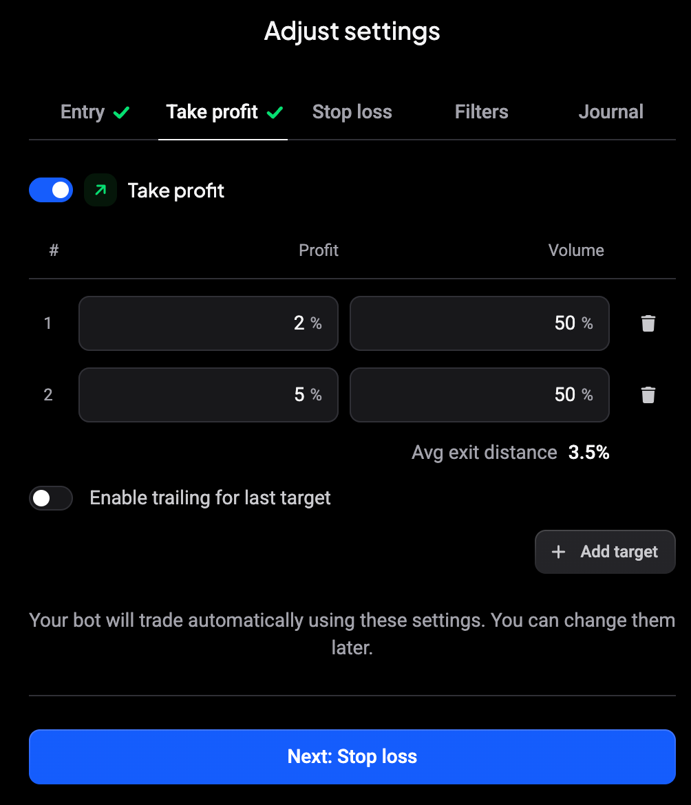 Take profit tab with two targets at 2% and 5% and the trailing option