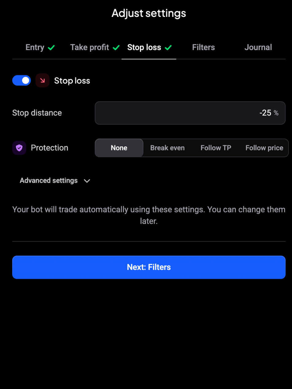 Stop loss tab with -25% stop distance and the Protection options