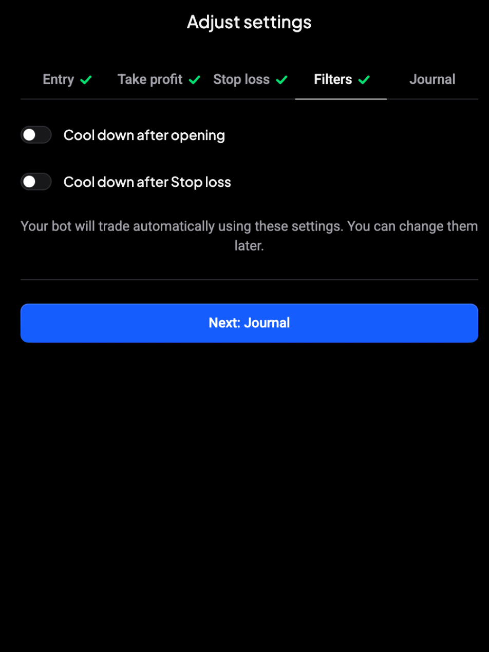 Filters tab for a one-market bot, showing only the two cooldown toggles