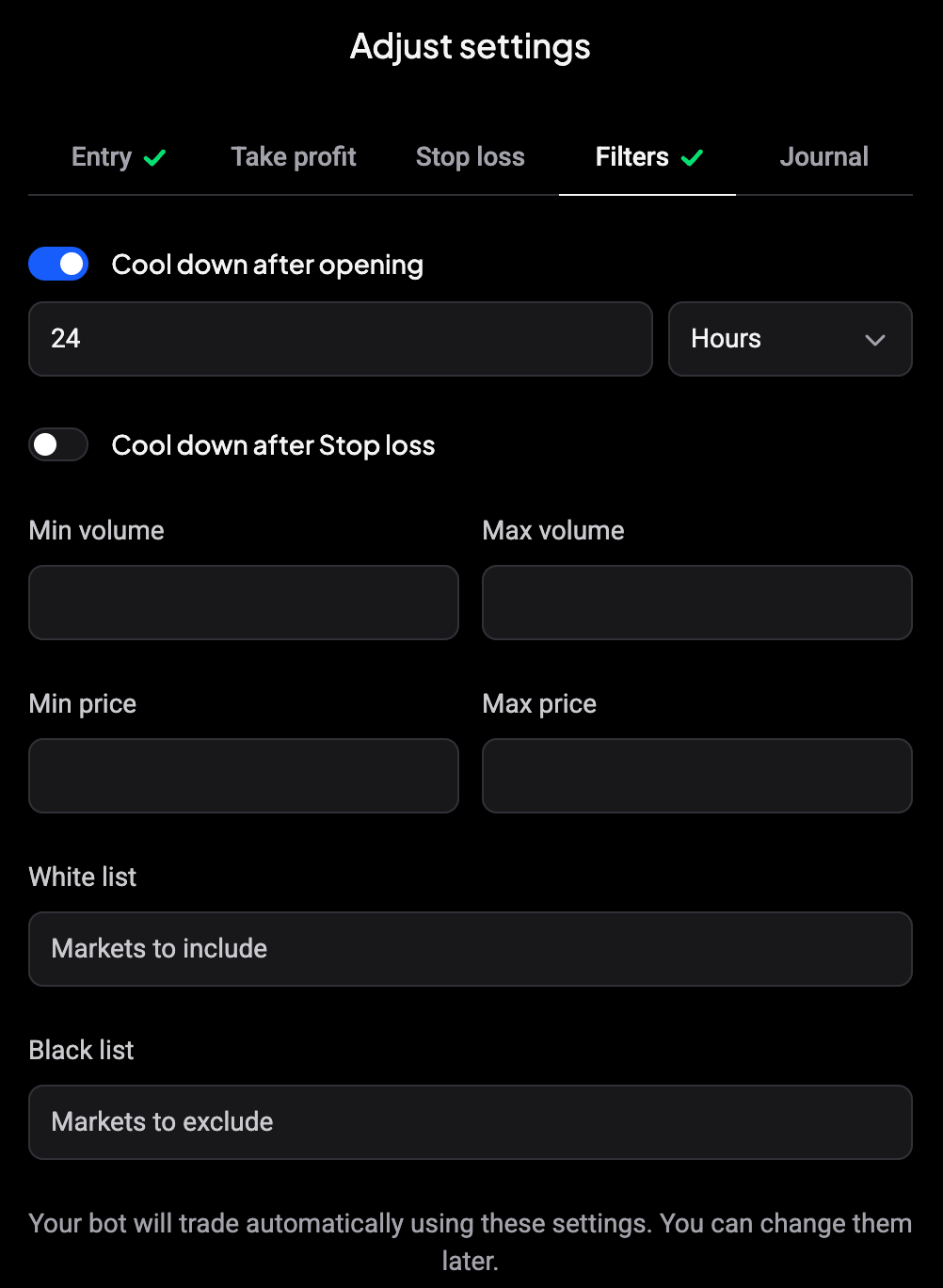 Filters tab for a bot on several markets with cooldowns, volume, price, white list and black list