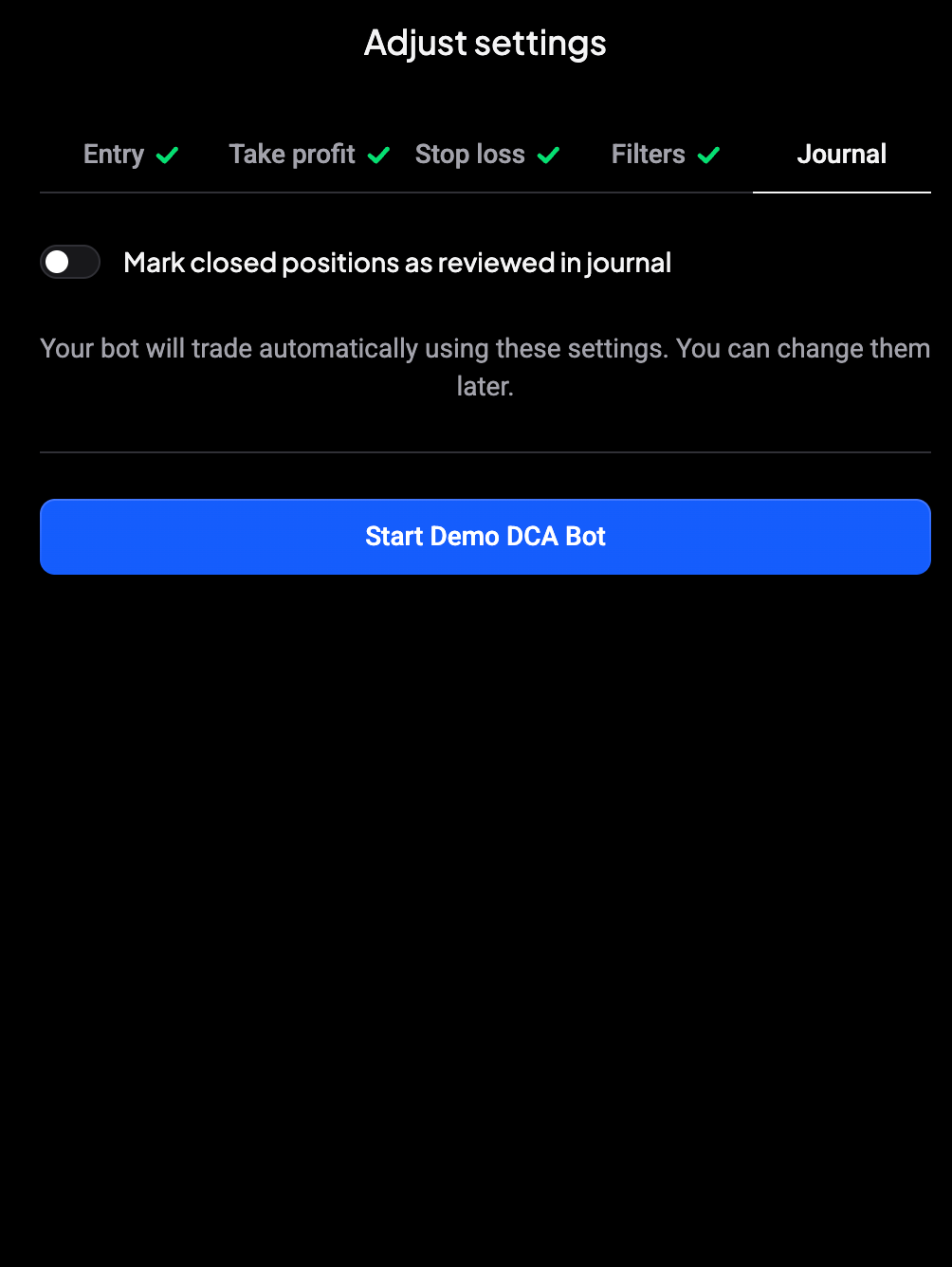 Journal tab with the Start Demo DCA Bot button after all tabs were opened