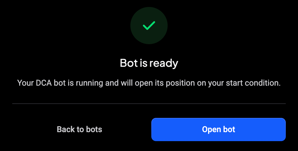 Bot is ready confirmation with Back to bots and Open bot buttons
