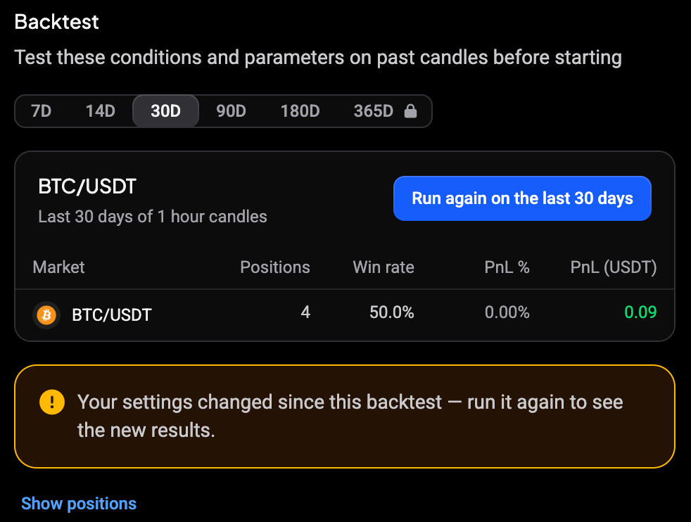 Backtest panel with the warning that settings changed since this backtest and the Run again on the last 30 days button