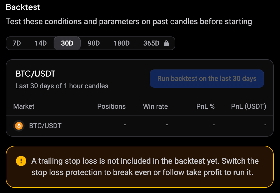 Backtest panel blocked by the note that a trailing stop loss is not included in the backtest yet