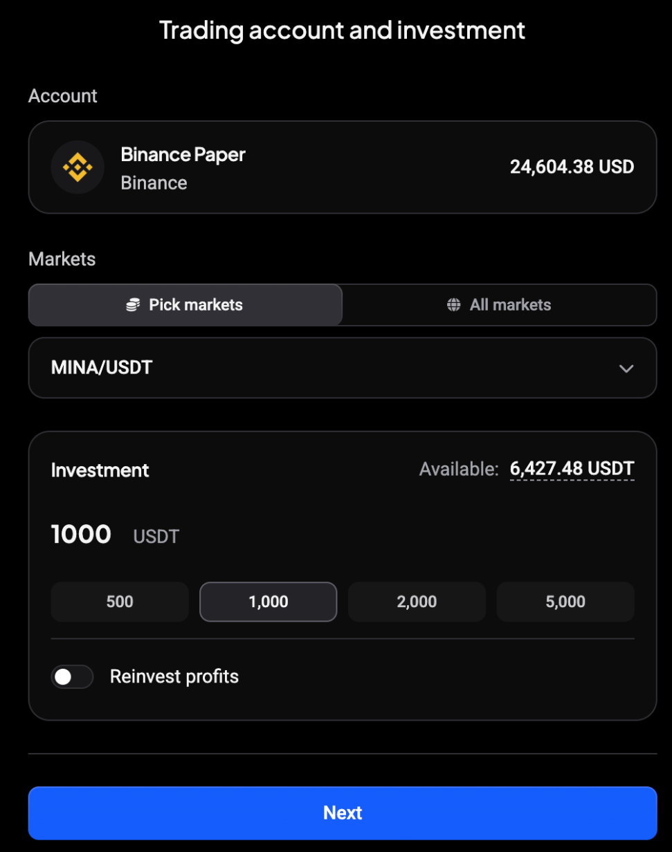 DCA bot wizard opened from the backtest with MINA/USDT and 1,000 USDT already selected